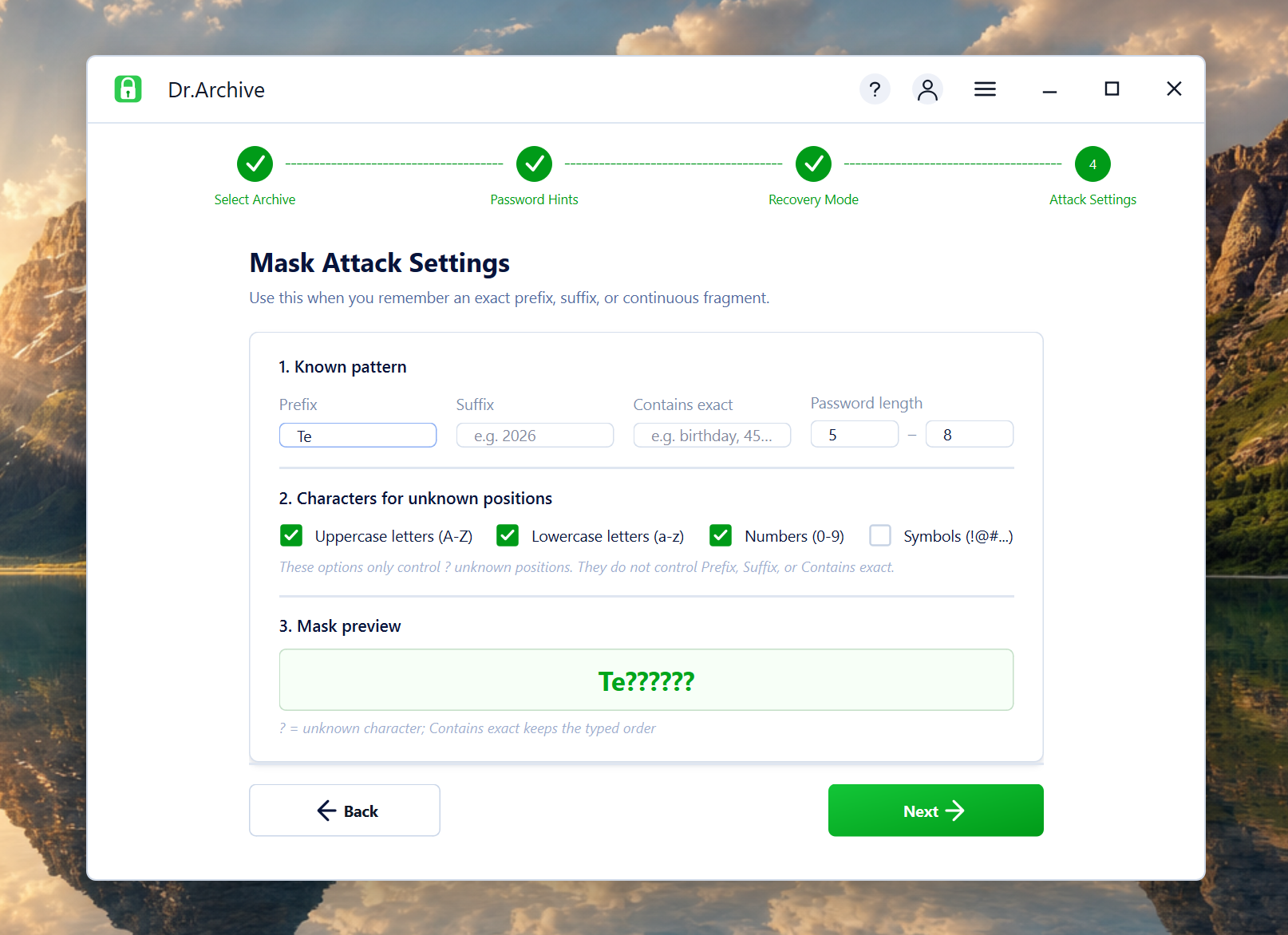 Set RAR password mask attack options