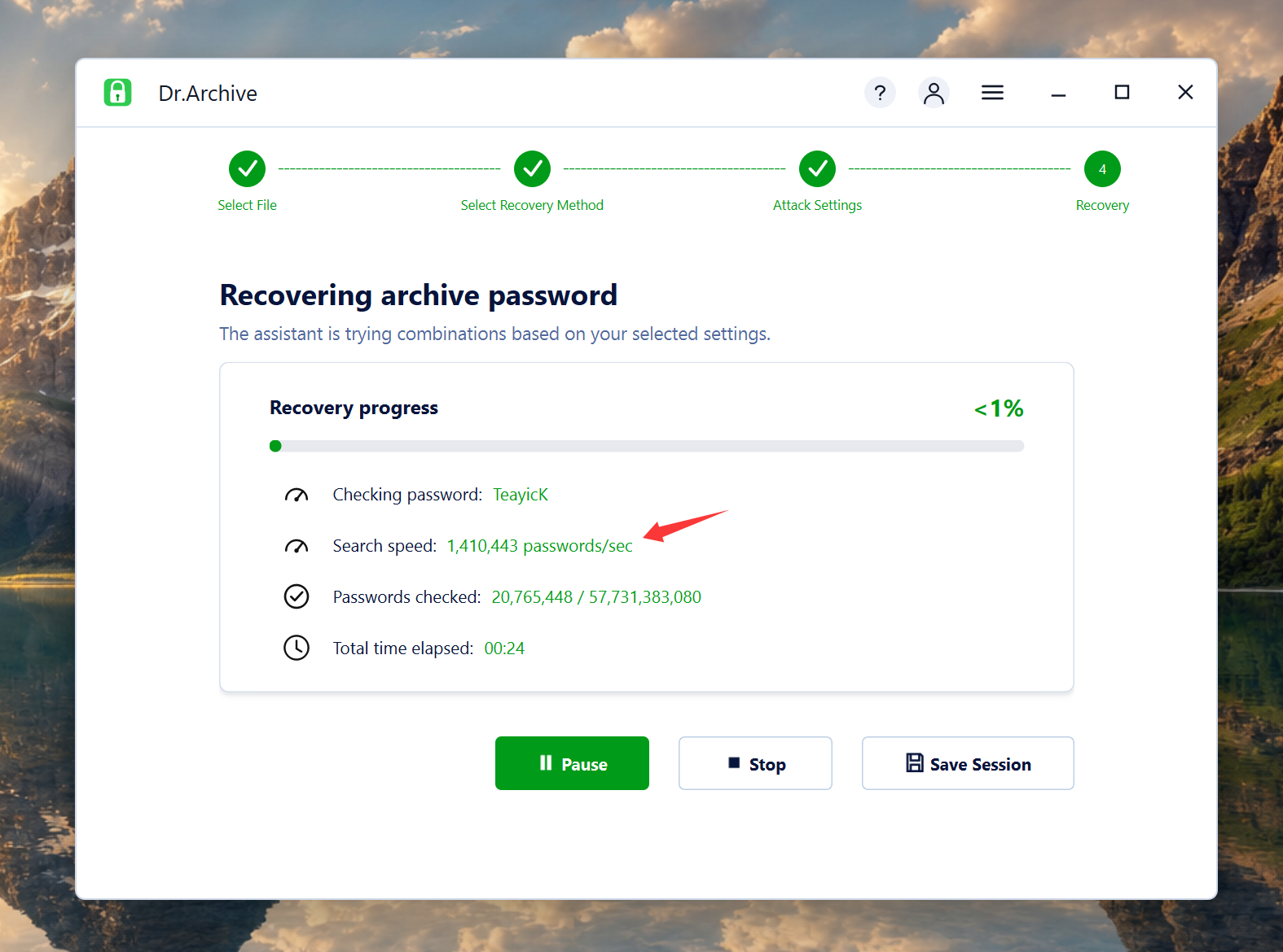 Recovering RAR password in Dr.Archive
