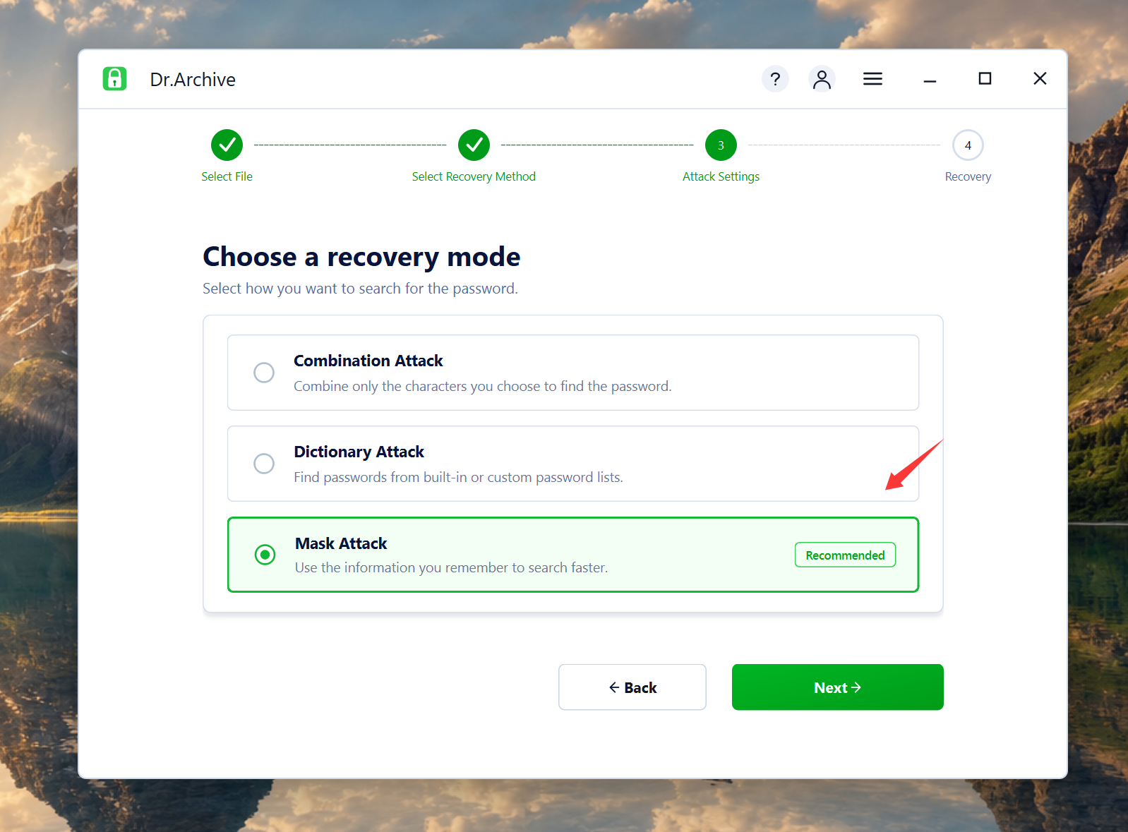 Choose RAR password recovery mode